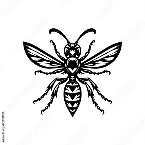 Stylized black and white wasp insect illustration with detailed wings and body