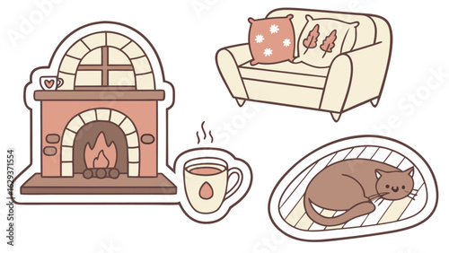 Cozy home comforts a warm fireplace comfortable sofa steaming mug and a sleeping cat create a hygge atmosphere