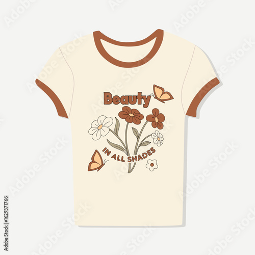 Retro 70s Style T-shirt with 'Beauty in all Shades' Slogan and Floral Graphic
