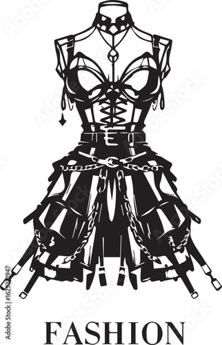 Fantasy style gothic dress on a mannequin with fashion lettering