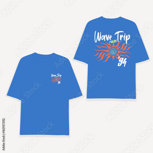 Retro 90s Surf T-shirt Design with 'Wave Trip Malibu' Slogan and Sun Graphic