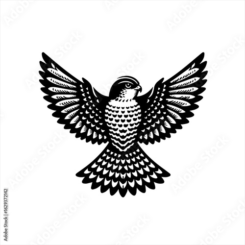 Stylized black and white illustration of a falcon with wings spread wide