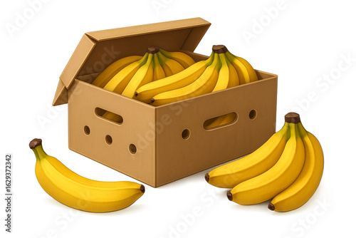 Realistic illustration of ripe bananas in a cardboard shipping box