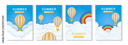 Summer poster, paper cut clouds in the blue sky, banner flyer, baby birthday card. Vector illustration. Place for text. Spring weekend holiday background. hot air balloon, rainbow