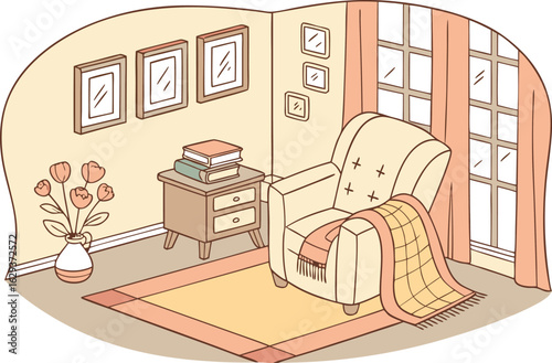 Cozy living room corner with a comfortable armchair side table books vase of flowers rug and window with curtains