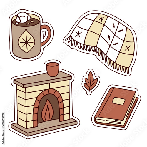 Cozy autumn elements featuring a fireplace hot drink blanket book and leaf illustration