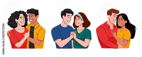 Male and female couples embrace each other in love with ethnic diversity and skin color for Valentine's Day.