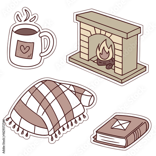 Cozy hygge elements a warm mug of coffee a crackling fireplace a soft blanket and a good book for ultimate comfort and relaxation
