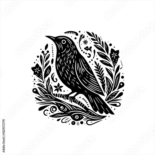 Stylized black bird perched on a branch surrounded by floral elements
