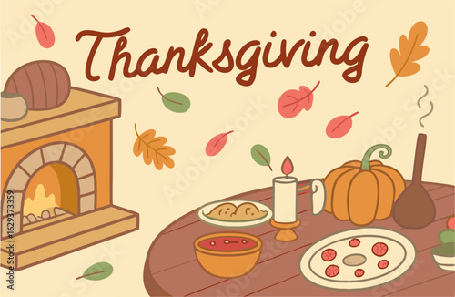 Cozy thanksgiving celebration with warm fireplace delicious food and autumn leaves falling gently