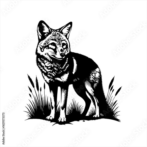 Black and white illustration of a fox standing in tall grass