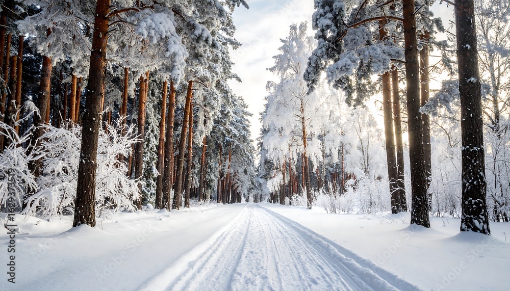 Obraz premium Snowy winter trail through a pine forest