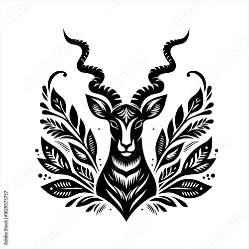 Stylized black and white illustration of a kudu antelope head with decorative foliage