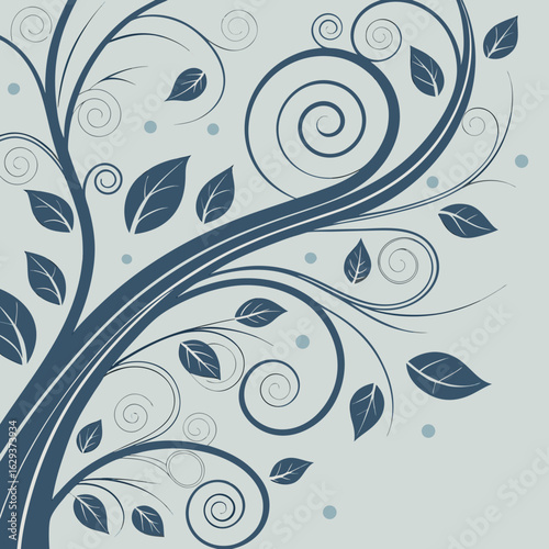 Vector art with swirling branches and leaves, conveying a nature-inspired design. The illustration is minimalist, with blue-gray tones.

