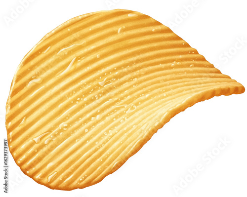 Golden potato chip with corrugated texture and oil droplets isolated on transparent background