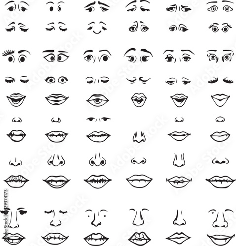 Collection of hand-drawn facial features including various eyes, mouths, and noses

