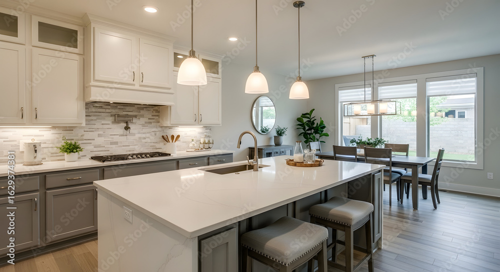 Fototapeta premium Modern kitchen interior with island, dining table and stylish decoration