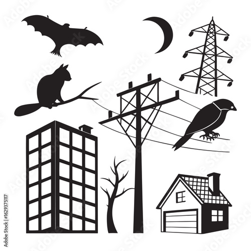 Silhouette collection of urban and nocturnal wildlife including a bat squirrel and crow perched on power lines near buildings and a house under a crescent moon