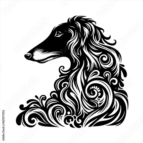 Elegant black silhouette of a borzoi dog with ornate swirling mane