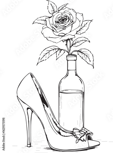 High heel shoe with a bow, next to a glass bottle with a single rose inside

