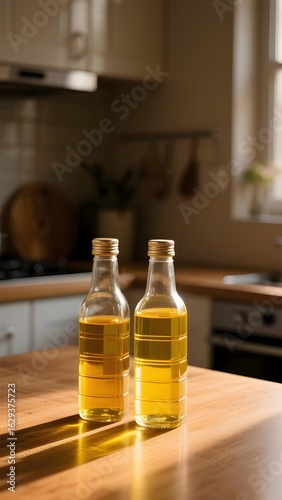 Wallpaper Mural Cooking oil in glass bottles on wooden kitchen table with natural sunlight Torontodigital.ca