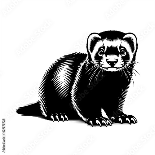 Black and white illustration of a ferret with detailed fur and claws