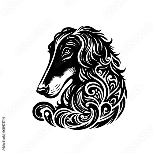 Elegant black and white illustration of a borzoi dog head with ornate swirling patterns