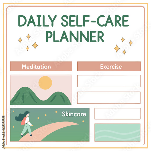 Daily self care planner with sections for meditation exercise and skincare routine tracking and goal setting
