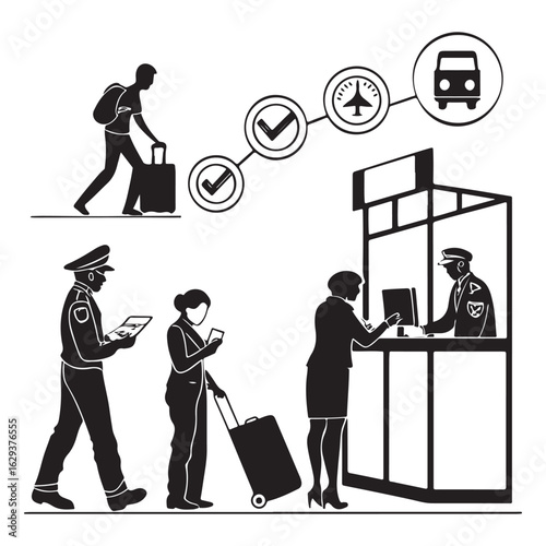 Travelers in line at a checkpoint with security personnel and a process flow diagram showing transportation options