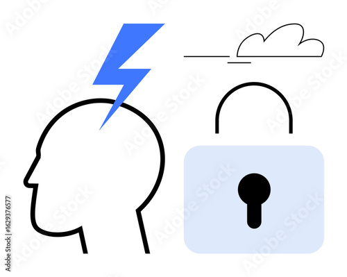 Head silhouette with lightning bolt for ideas, minimalist cloud, and a blue padlock for security. Ideal for creativity, innovation, brainstorming, intellectual property, mental health, privacy
