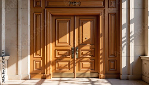 Intricate wooden courtroom doors casting shadows in courthouse hallway, justice symbol