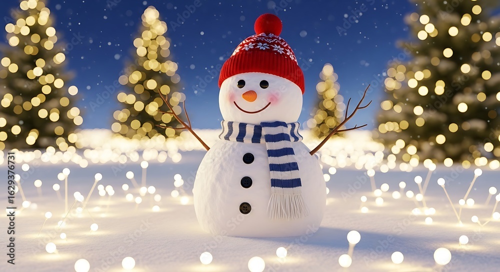 Obraz premium Festive snowman in a winter wonderland with christmas trees and glowing lights