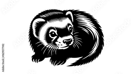 Black and white stylized illustration of a ferret curled up