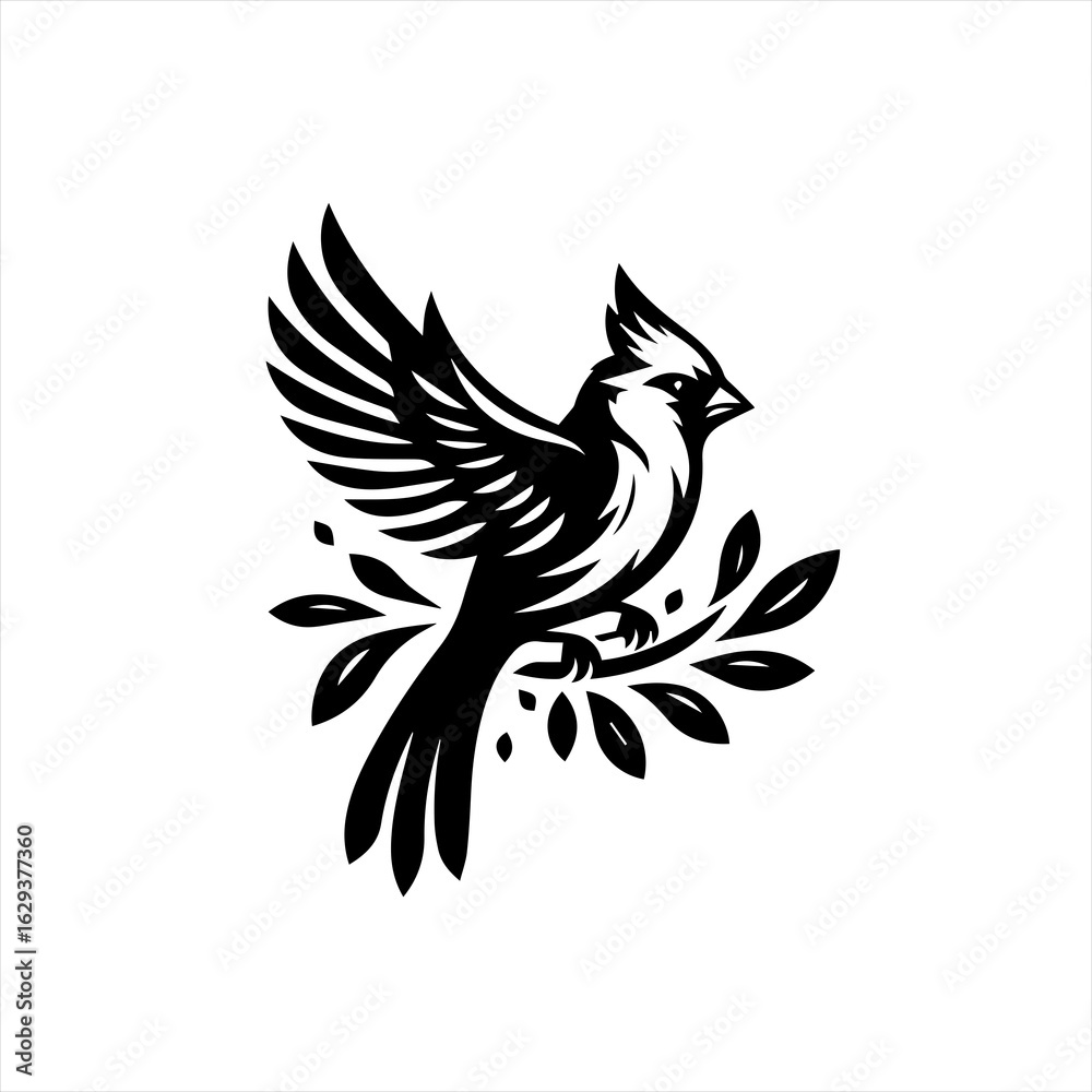 Obraz premium Stylized black cardinal bird perched on a branch with leaves