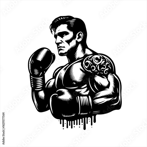 Muscular boxer with tattoo and boxing gloves ready to fight