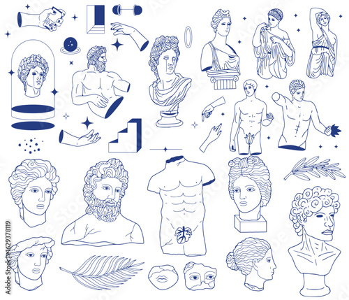 Antique hand-drawn sculptures. Traditional greek style figures, bust and statues, column. Architectural elements, gods and mythology, ancient graphic design elements