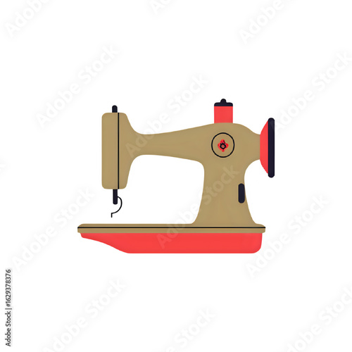 A stylized illustration of a vintage beige and red sewing machine on a white background.