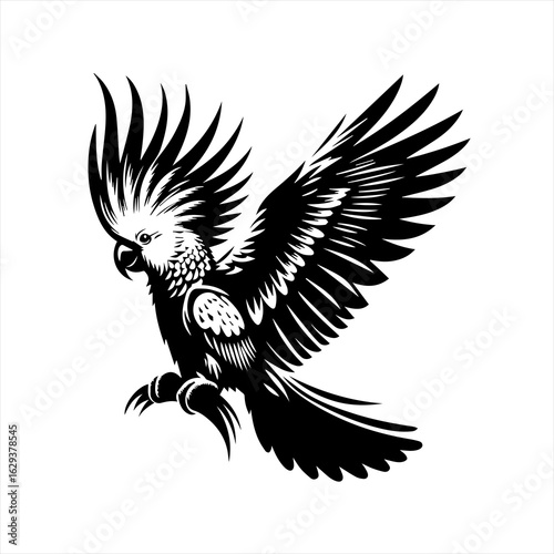 Stylized black and white cockatoo in flight