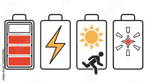 Visual representation of energy sources and power levels including battery status lightning bolt sun power and a starburst