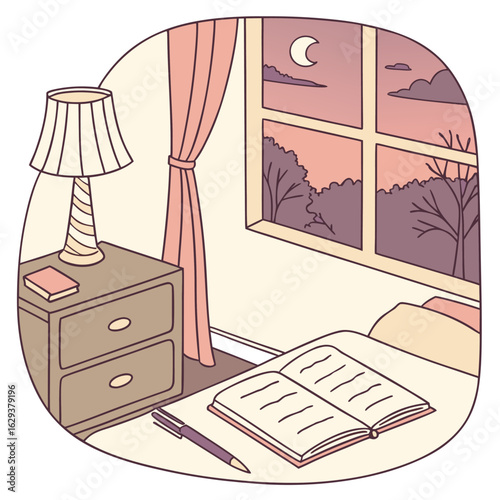 Cozy bedroom scene with a book and pen on the bed a nightstand with a lamp and book and a window showing a twilight sky with trees and moon
