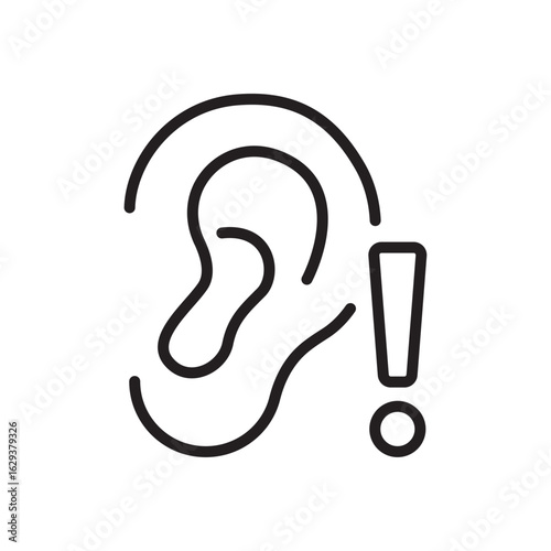 Hearing impairment line icon. Hearing disorder, high sound volume sign. Exclamation mark,ear, warning, attention, problem, error, trouble, notification, etc. Vector flat illustration. Editable stroke.