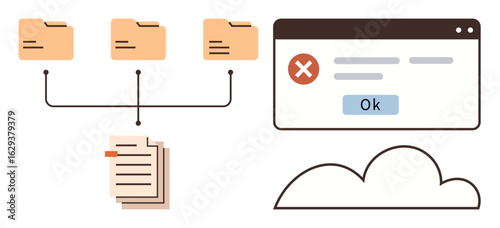 Three folders connected to documents, cloud icon, and browser error message with Ok button. Ideal for data organization, file management, error handling, cloud storage, technology issues