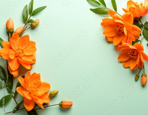 Orange flowers arranged on mint green background