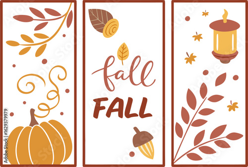Triptych of autumnal delights featuring pumpkins leaves acorns and a lantern celebrating the fall season with warm colors