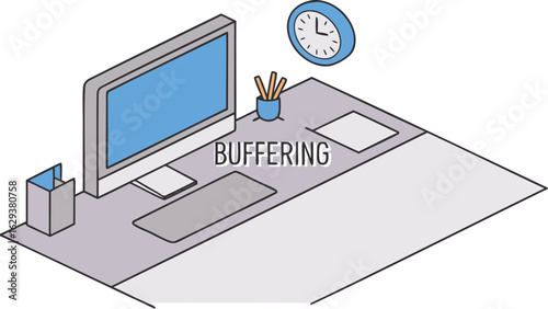 Isometric view of a desk with a computer monitor keyboard clock and office supplies showing buffering