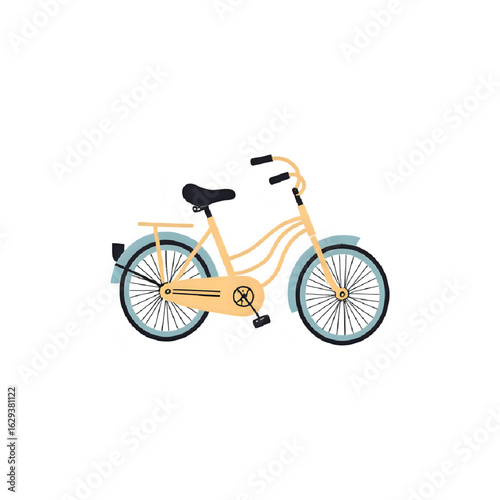 A charming flat illustration of a yellow and blue vintage cruiser bicycle.