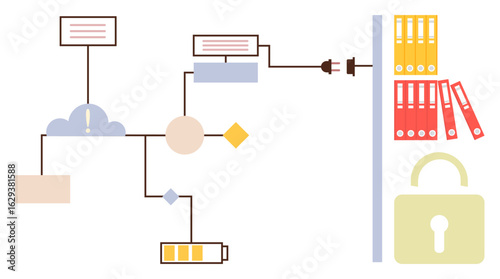 Data flows through cloud, connections, and battery to a secure filing cabinet with padlock symbol. Ideal for data storage, cybersecurity, cloud computing, encryption, organization, IT technology
