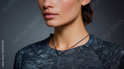 Stylish woman wearing black necklace showcases blend of blockchain technology in supply chain management