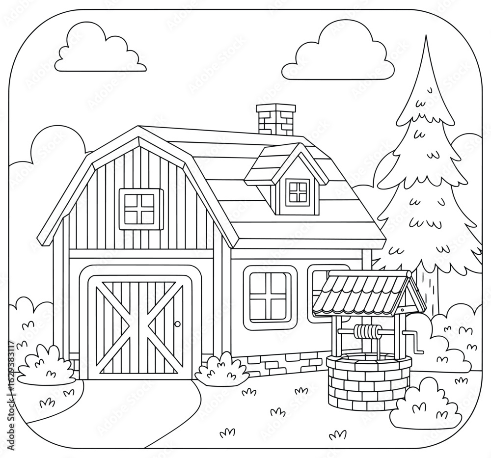 Fototapeta premium Charming countryside house with a water well, garage, and tall pine tree in the garden. Cute black and white coloring page for kids featuring cozy rural home scene
