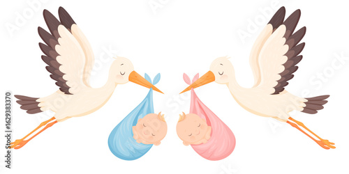Vector cartoon image of a stork carrying a baby. The concept of a long-awaited pregnancy and a baby. Boy or girl. Element for your design